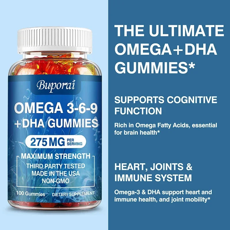 Omega 3 6 9 + DHA Gummies - Brain Health, Enhances Concentration, Memory, Improves Blood Circulation, Eye Support